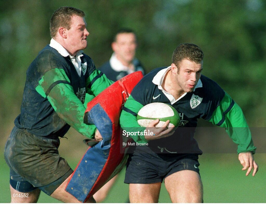 24 November 1998; Ireland's Kevin Maggs is tackled by team-mate David Corkery, left, during squad training. Ireland Rugby Squad Training, Garda R.F.C., Westmanstown, Lucan, Dublin. Picture credit: Matt Browne / SPORTSFILE