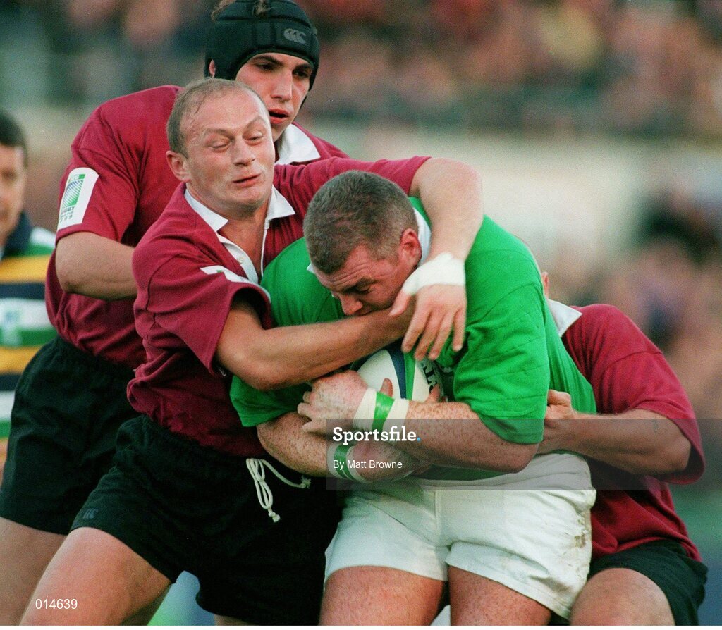 14 November 1998; Victor Costello, Ireland, is tackled by Emzar Dzagnidze, Georgia. Rugby World Cup Qualifier, Ireland v Georgia, Lansdowne Road, Dublin. Picture credit: Matt Browne / SPORTSFILE