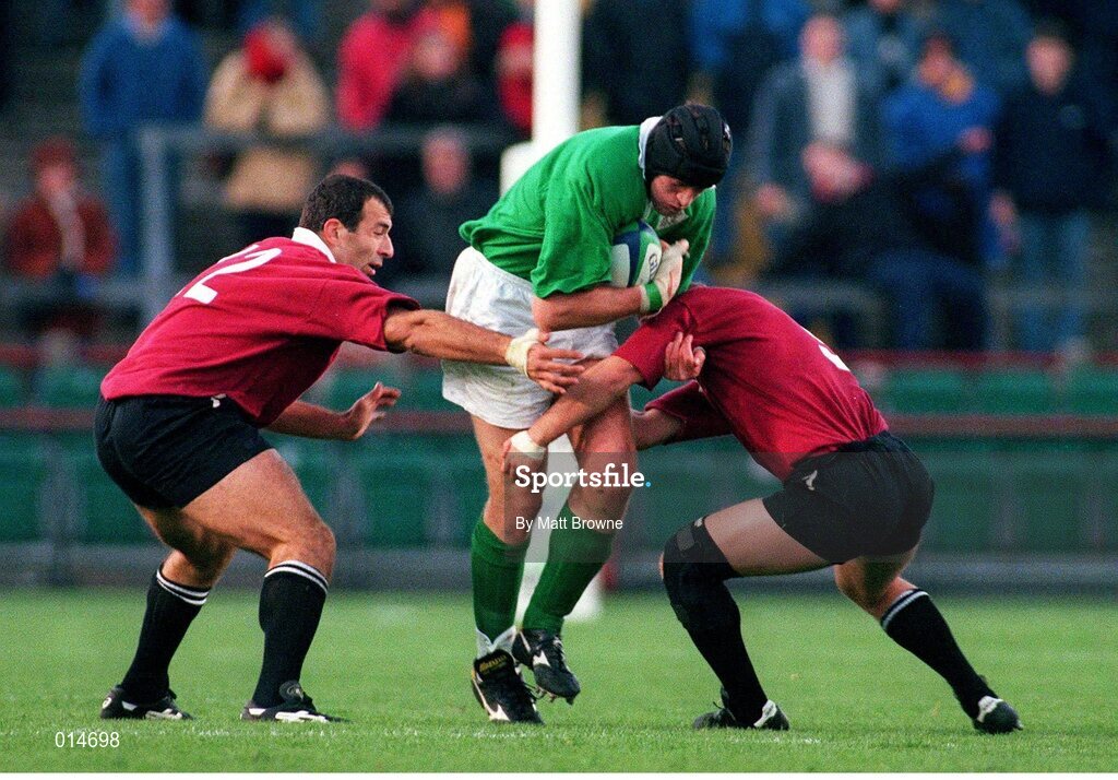 14 November 1998; Paddy Johns, Ireland, is tackled by Vasil Katsadze, left, and Chavleg Djanelidze, Georgia. Rugby World Cup Qualifier, Ireland v Georgia, Lansdowne Road, Dublin. Picture credit: Matt Browne / SPORTSFILE