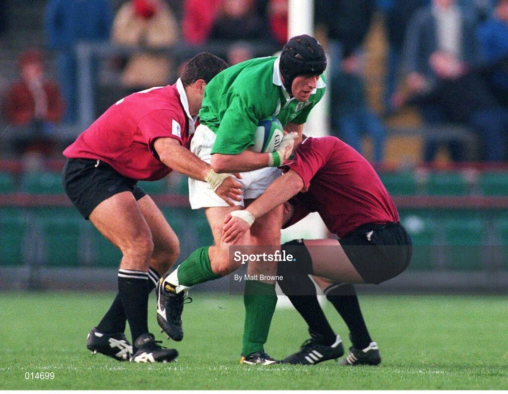 14 November 1998; Paddy Johns, Ireland, is tackled by Vasil Katsadze, left, and Chavleg Djanelidze, Georgia. Rugby World Cup Qualifier, Ireland v Georgia, Lansdowne Road, Dublin. Picture credit: Matt Browne / SPORTSFILE