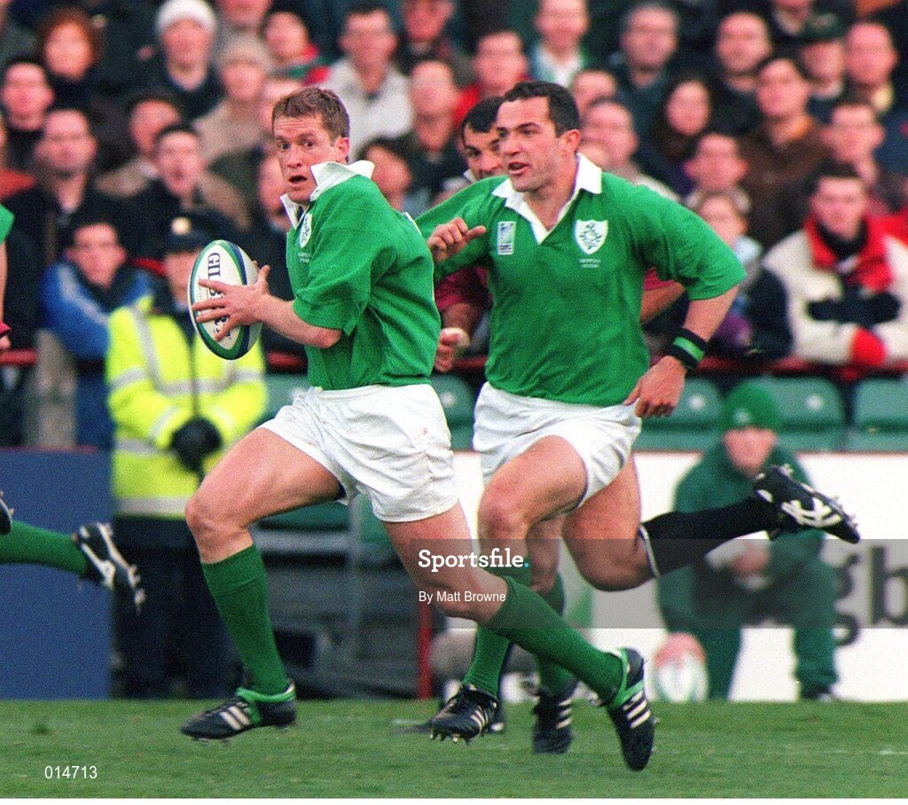 14 November 1998; Pat Duignan, Ireland, supported by team-mate Conor O'Shea, right. Rugby World Cup Qualifier, Ireland v Georgia, Lansdowne Road, Dublin. Picture credit: Matt Browne / SPORTSFILE