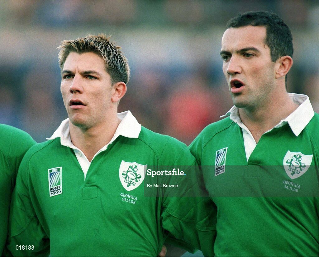 14 November 1998; Ireland's Justin Bishop, left, and Conor O'Shea during the national anthems. Rugby World Cup Qualifier, Ireland v Georgia, Lansdowne Road, Dublin. Picture credit: Matt Browne / SPORTSFILE