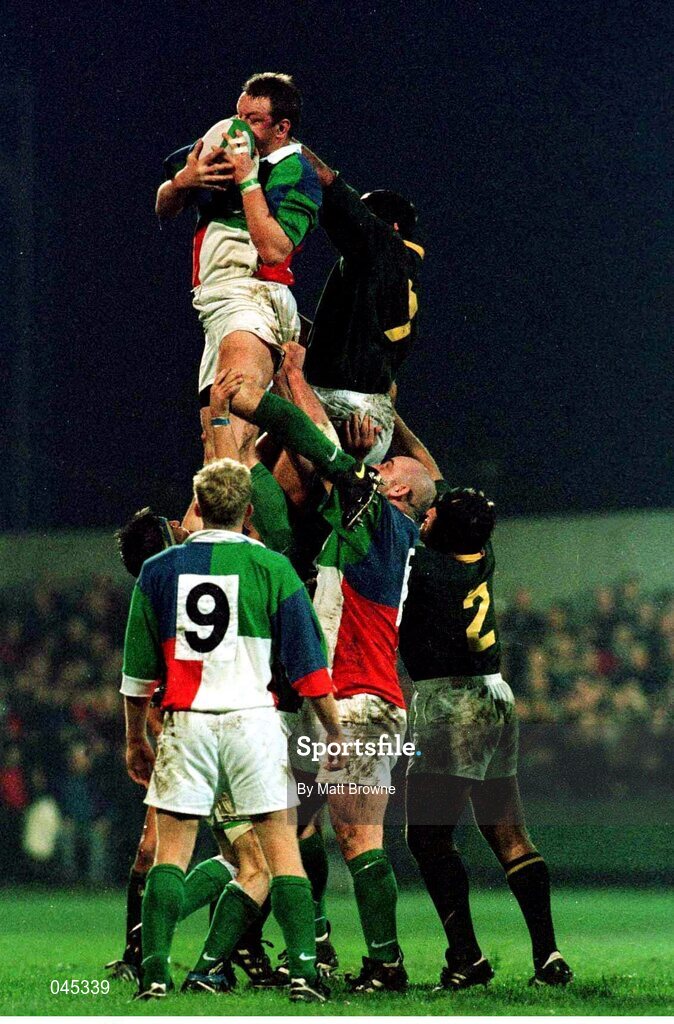 24 November 1998; Mick Galwey, Combined Provinces, wins possession in the line-out against Philip Smith, South Africa. Rugby fiendly, Combined Provinces v South Africa, Musgrave Park, Cork. Picture credit: Matt Browne / SPORTSFILE