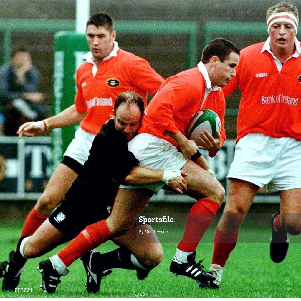 26 September 1998; Brian Roche, Munster, is tackled by Ian Jones, Neath. European Rugby Cup, Munster v Neath, Musgrave Park, Cork. Picture credit: Matt Browne / SPORTSFILE