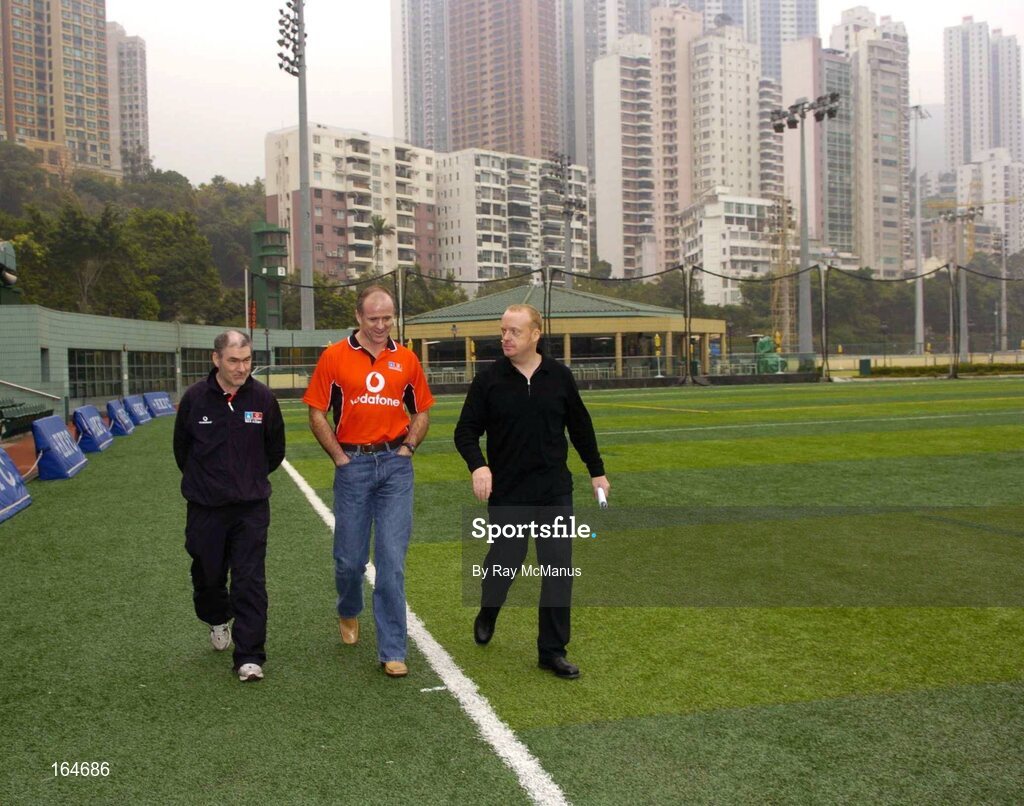 21 January 2005; Managers Mickey Harte, left, and John Maughan and Joe Burke, right, Japan GAA Club, walk the pitch before team training in advance of the 2004 Vodafone All-Stars Exhibition Game, 2003 Vodafone All-Stars v 2004 Vodafone All-Stars, Hong Kong Football Club, Hong Kong. Picture credit; Ray McManus / SPORTSFILE