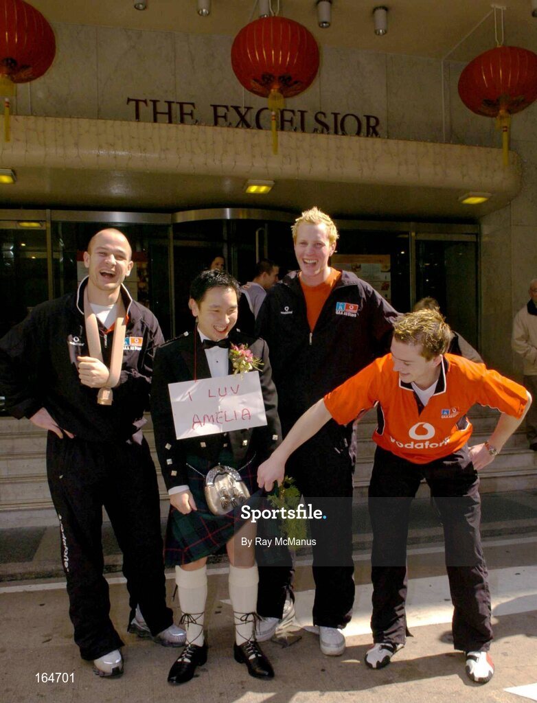 21 January 2005; Groom Mike Siu, from Edinburgh, Scotland, with Laois players Tom Kelly, Padraig Clancy and Joe Higgins before his marriage and the players training in advance of the 2004 Vodafone All-Stars Exhibition Game, 2003 Vodafone All-Stars v 2004 Vodafone All-Stars, Hong Kong Football Club, Hong Kong. Picture credit; Ray McManus / SPORTSFILE