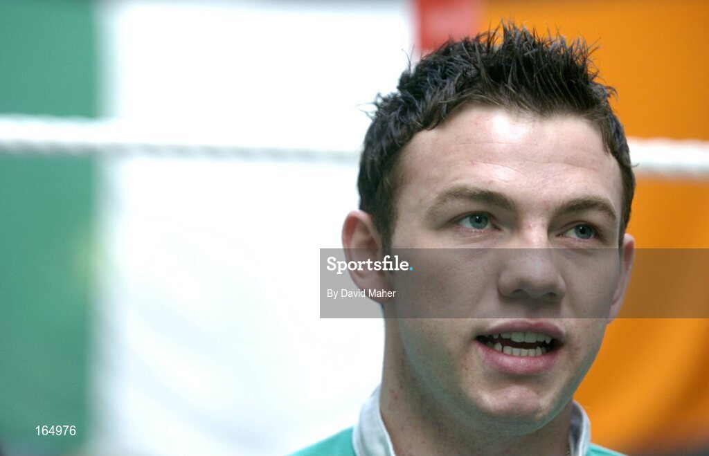 26 January 2005; Irish boxer Andy Lee speaking during a press conference where it was announced his intention to stay in the amateur ranks up to the Olympic Games in Beijing in 2008. National Boxing Stadium, Dublin. Picture credit; David Maher / SPORTSFILE