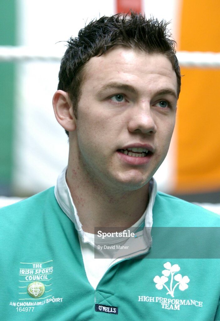 26 January 2005; Irish boxer Andy Lee speaking during a press conference where it was announced his intention to stay in the amateur ranks up to the Olympic Games in Beijing in 2008. National Boxing Stadium, Dublin. Picture credit; David Maher / SPORTSFILE