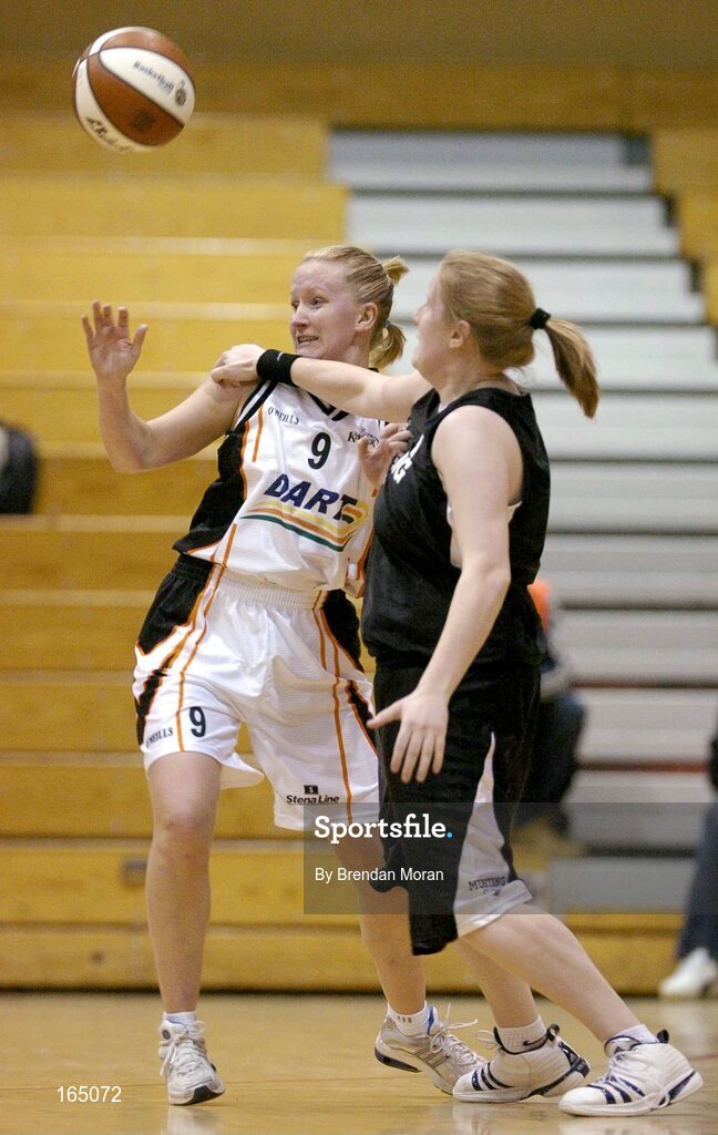 28 January 2005; Catriona White, Dart Killester, in action against Diane Griffin, Mustang Sally's St Paul's. National Cup, Senior Women's Semi-Final, Mustang Sally's St. Paul's, Killarney v Dart Killester, ESB Arena, Tallaght, Dublin. Picture credit; Brendan Moran / SPORTSFILE