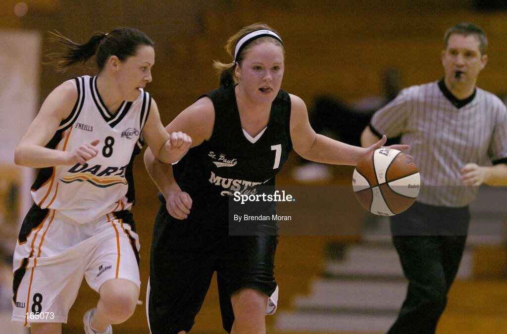 28 January 2005; Lynn Jones, Mustang Sally's St. Paul's, in action against Emma Pierce, Dart Killester. National Cup, Senior Women's Semi-Final, Mustang Sally's St. Paul's, Killarney v Dart Killester, ESB Arena, Tallaght, Dublin. Picture credit; Brendan Moran / SPORTSFILE