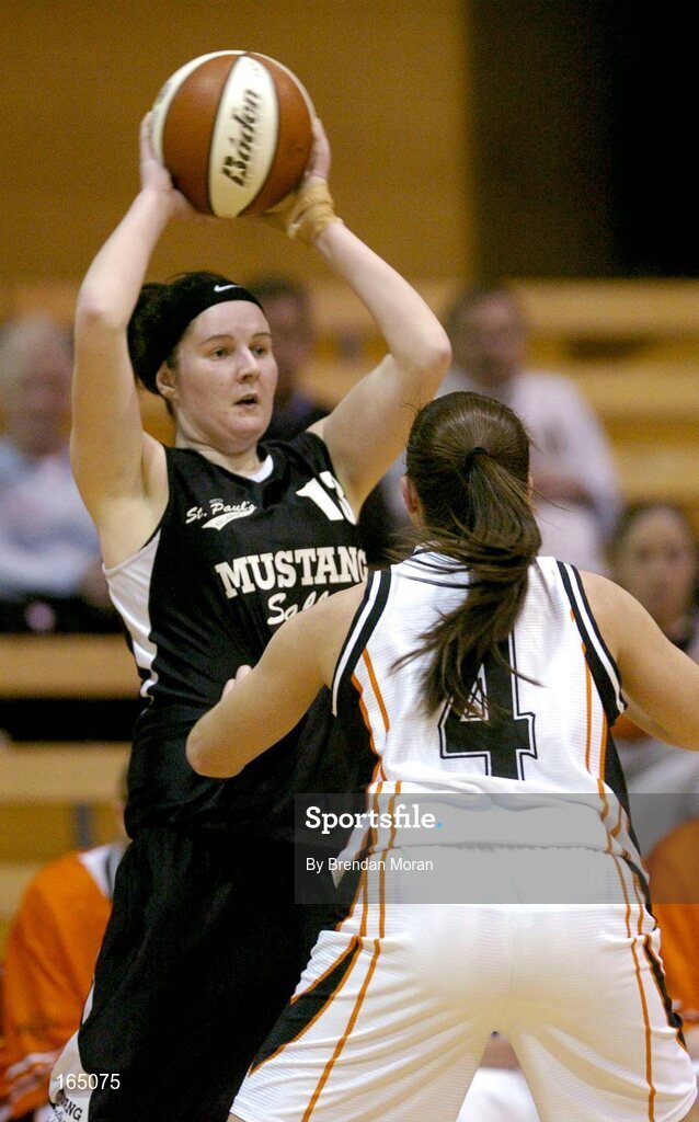 28 January 2005; Muriossa Galwey, Mustang Sally's St. Paul's, in action against Ashley Luke, Dart Killester. National Cup, Senior Women's Semi-Final, Mustang Sally's St. Paul's, Killarney v Dart Killester, ESB Arena, Tallaght, Dublin. Picture credit; Brendan Moran / SPORTSFILE