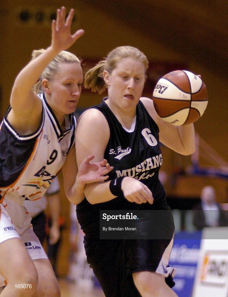 28 January 2005; Diane Griffin, Mustang Sally's St. Paul's, in action against Catriona White, Dart Killester. National Cup, Senior Women's Semi-Final, Mustang Sally's St. Paul's, Killarney v Dart Killester, ESB Arena, Tallaght, Dublin. Picture credit; Brendan Moran / SPORTSFILE