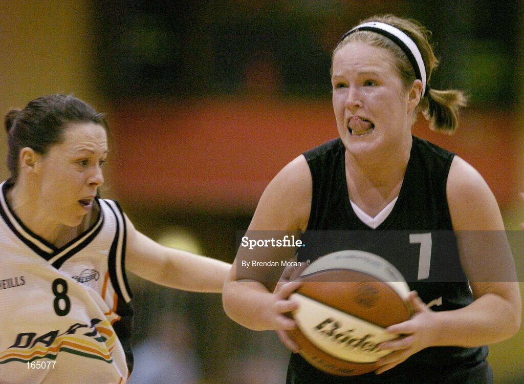 28 January 2005; Lynn Jones, Mustang Sally's St. Paul's, in action against Emma Pierce, Dart Killester. National Cup, Senior Women's Semi-Final, Mustang Sally's St. Paul's, Killarney v Dart Killester, ESB Arena, Tallaght, Dublin. Picture credit; Brendan Moran / SPORTSFILE