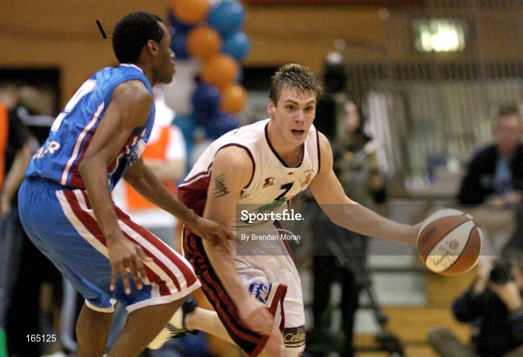 29 January 2005; Chris Craig, Abrakebabra Tigers, Tralee, in action against Patrick Pope, Mardyke UCC Demons. National Cup, Senior Men's Semi-Final, Mardyke UCC Demons v Abrakebabra Tigers, Tralee, ESB Arena, Tallaght, Dublin. Picture credit; Brendan Moran / SPORTSFILE