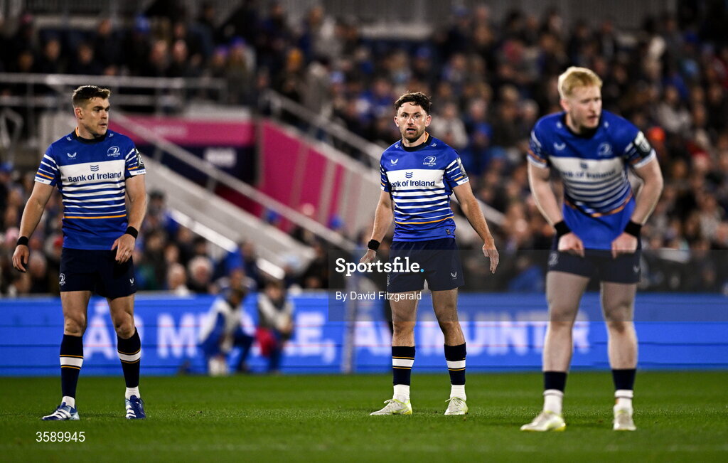 10 October 2026; Hugo Keenan, centre, Garry Ringrose, left, and Jamie Osborne of Leinster during the United Rugby Championship match between Leinster and Cardiff at the Laya Arena in Dublin. Photo by David Fitzgerald/Sportsfile