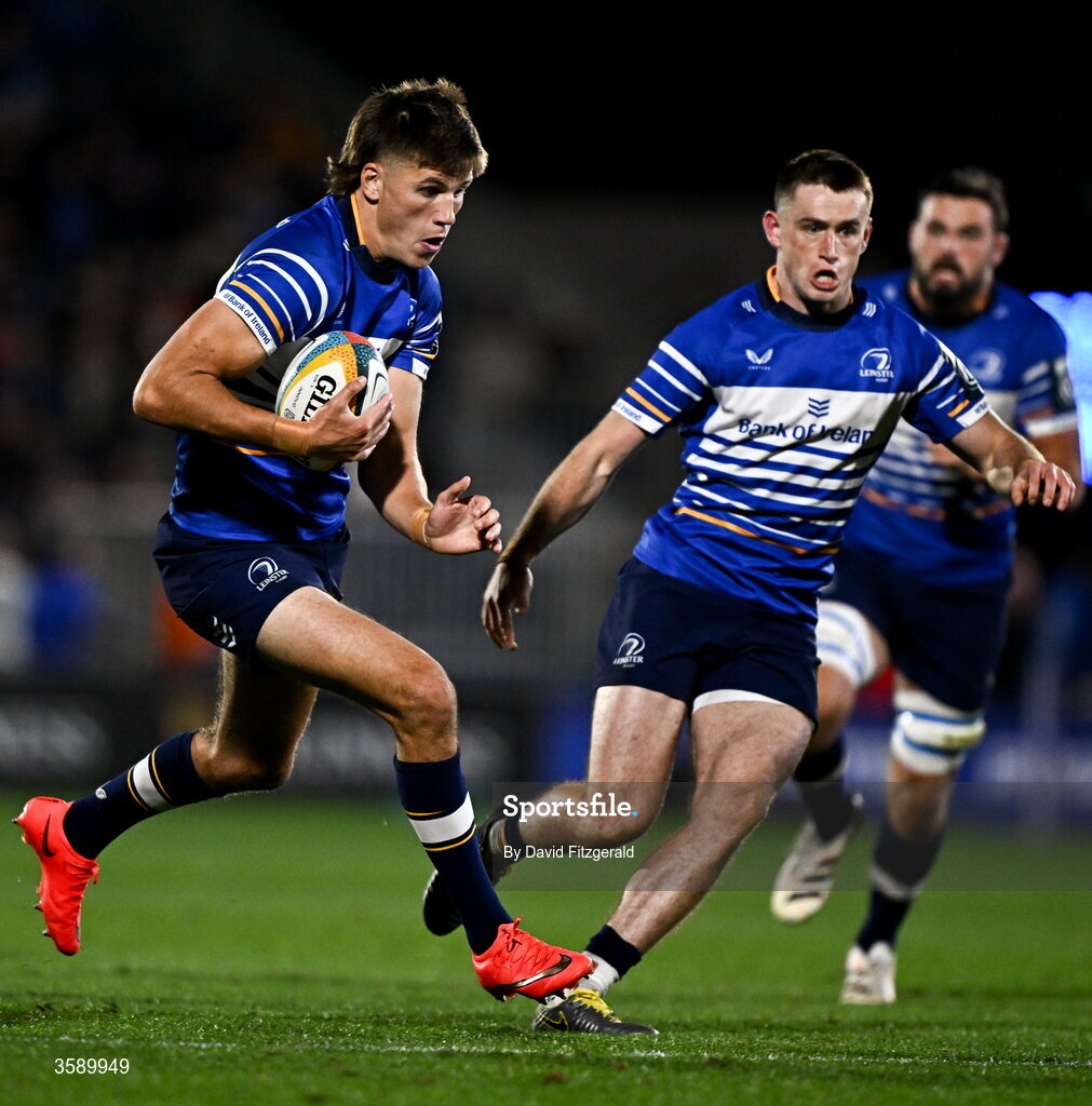 10 October 2026; Sam Prendergast of Leinster during the United Rugby Championship match between Leinster and Cardiff at the Laya Arena in Dublin. Photo by David Fitzgerald/Sportsfile