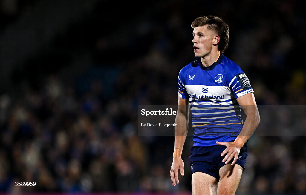 10 October 2026; Sam Prendergast of Leinster during the United Rugby Championship match between Leinster and Cardiff at the Laya Arena in Dublin. Photo by David Fitzgerald/Sportsfile