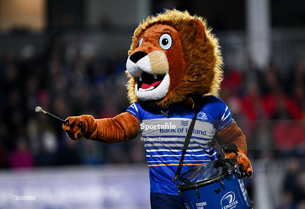 10 October 2026; Leinster mascot Leo the Lion during the United Rugby Championship match between Leinster and Cardiff at the Laya Arena in Dublin. Photo by David Fitzgerald/Sportsfile