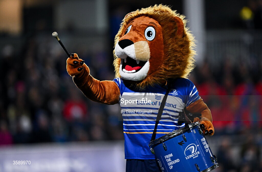 10 October 2026; Leinster mascot Leo the Lion during the United Rugby Championship match between Leinster and Cardiff at the Laya Arena in Dublin. Photo by David Fitzgerald/Sportsfile