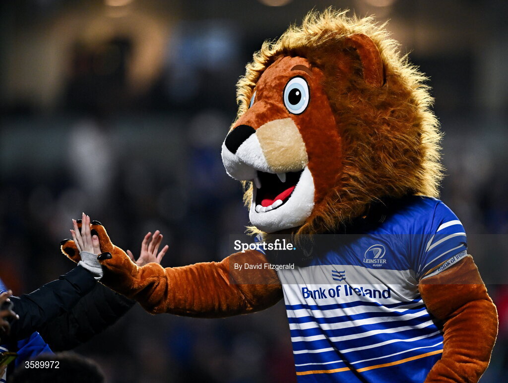 10 October 2026; Leinster mascot Leo the Lion during the United Rugby Championship match between Leinster and Cardiff at the Laya Arena in Dublin. Photo by David Fitzgerald/Sportsfile