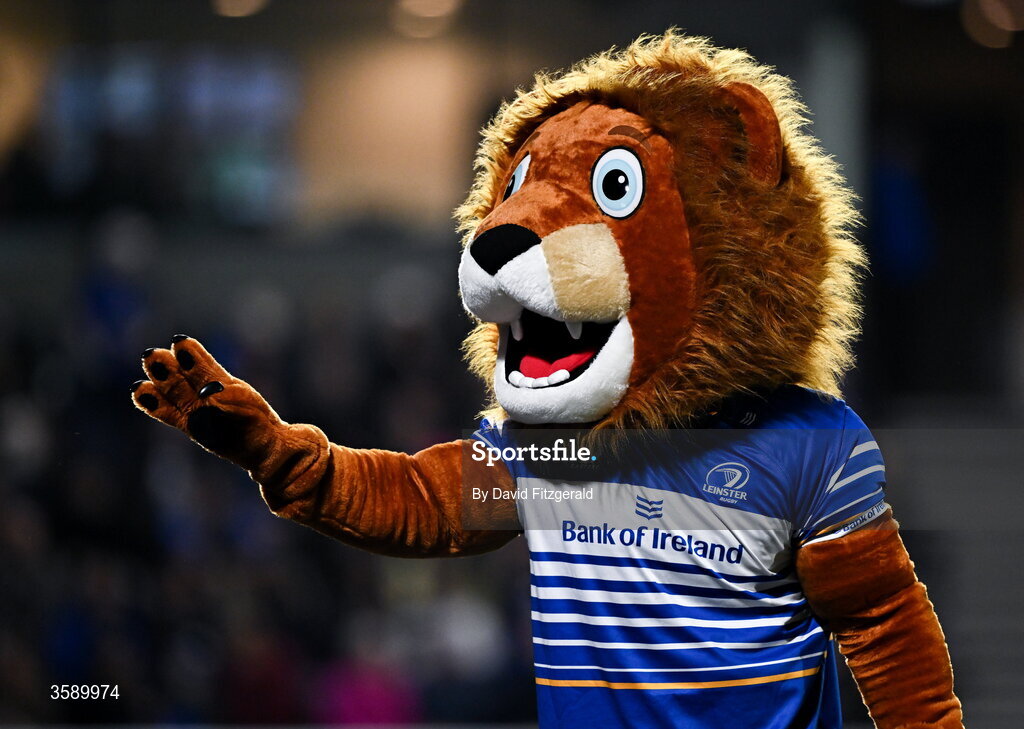 10 October 2026; Leinster mascot Leo the Lion during the United Rugby Championship match between Leinster and Cardiff at the Laya Arena in Dublin. Photo by David Fitzgerald/Sportsfile