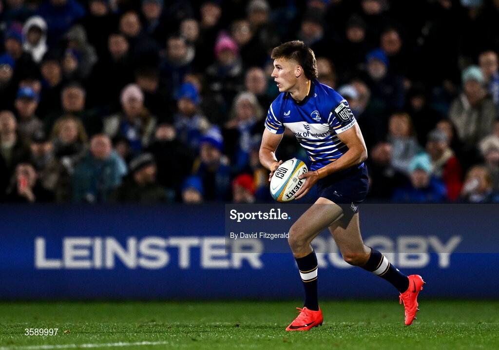 10 October 2026; Sam Prendergast of Leinster during the United Rugby Championship match between Leinster and Cardiff at the Laya Arena in Dublin. Photo by David Fitzgerald/Sportsfile