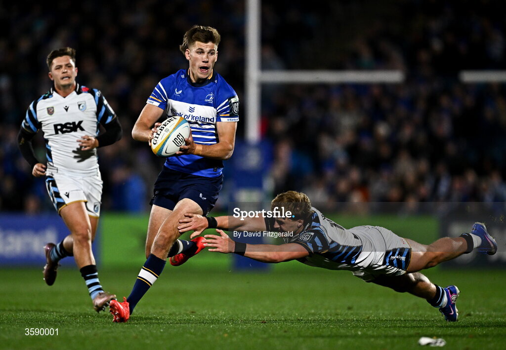 10 October 2026; Sam Prendergast of Leinster in action against Jacob Beetham of Cardiff during the United Rugby Championship match between Leinster and Cardiff at the Laya Arena in Dublin. Photo by David Fitzgerald/Sportsfile