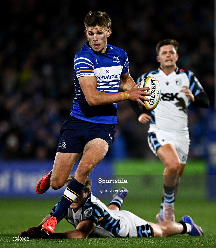 10 October 2026; Sam Prendergast of Leinster in action against Jacob Beetham of Cardiff during the United Rugby Championship match between Leinster and Cardiff at the Laya Arena in Dublin. Photo by David Fitzgerald/Sportsfile