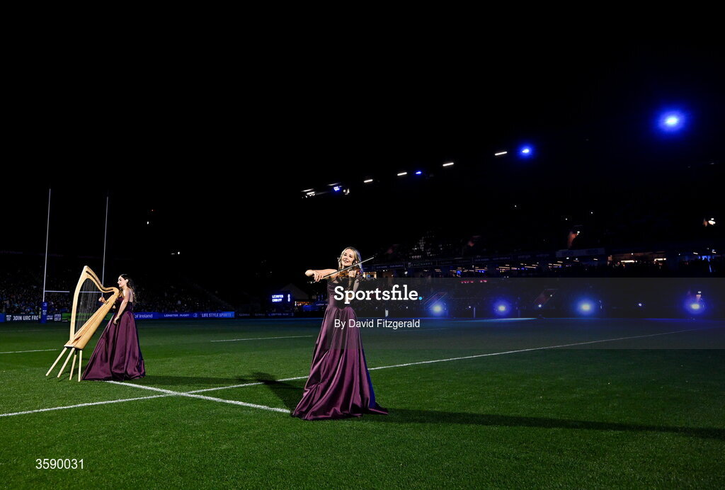 10 October 2026; Harpist Jennifer Leahy, left, with violinist Nicole Lonergan perform before the United Rugby Championship match between Leinster and Cardiff at the Laya Arena in Dublin. Photo by David Fitzgerald/Sportsfile