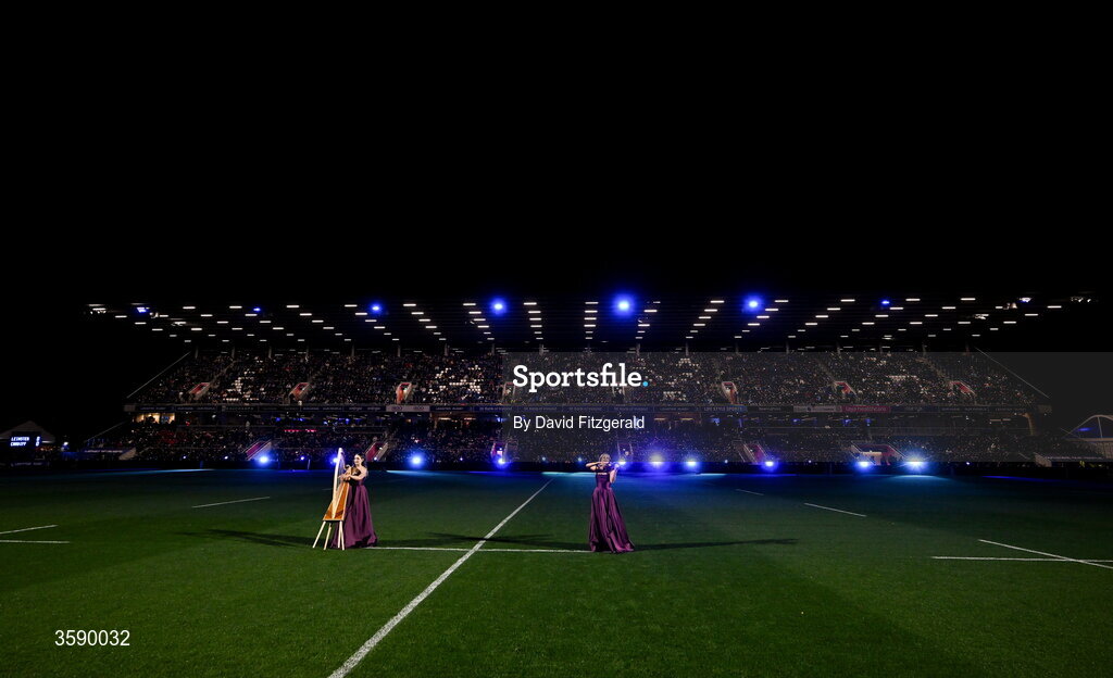 10 October 2026; Harpist Jennifer Leahy, left, with violinist Nicole Lonergan perform before the United Rugby Championship match between Leinster and Cardiff at the Laya Arena in Dublin. Photo by David Fitzgerald/Sportsfile