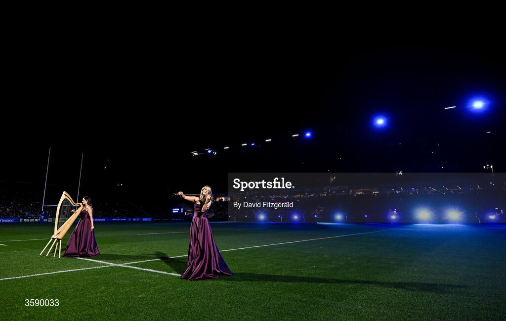 10 October 2026; Harpist Jennifer Leahy, left, with violinist Nicole Lonergan perform before the United Rugby Championship match between Leinster and Cardiff at the Laya Arena in Dublin. Photo by David Fitzgerald/Sportsfile