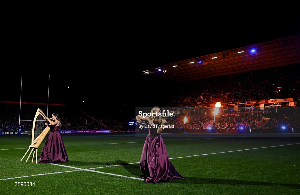10 October 2026; Harpist Jennifer Leahy, left, with violinist Nicole Lonergan perform before the United Rugby Championship match between Leinster and Cardiff at the Laya Arena in Dublin. Photo by David Fitzgerald/Sportsfile