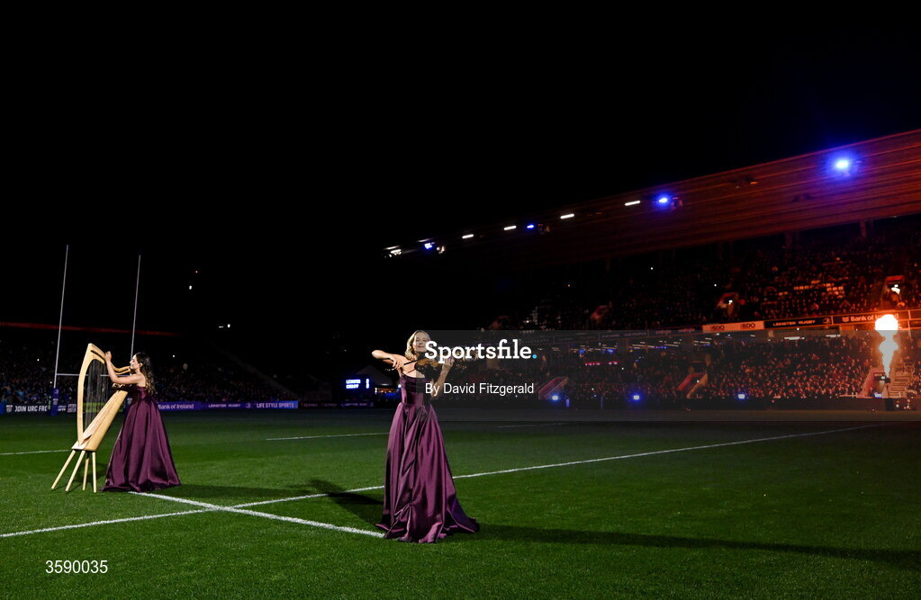10 October 2026; Harpist Jennifer Leahy, left, with violinist Nicole Lonergan perform before the United Rugby Championship match between Leinster and Cardiff at the Laya Arena in Dublin. Photo by David Fitzgerald/Sportsfile