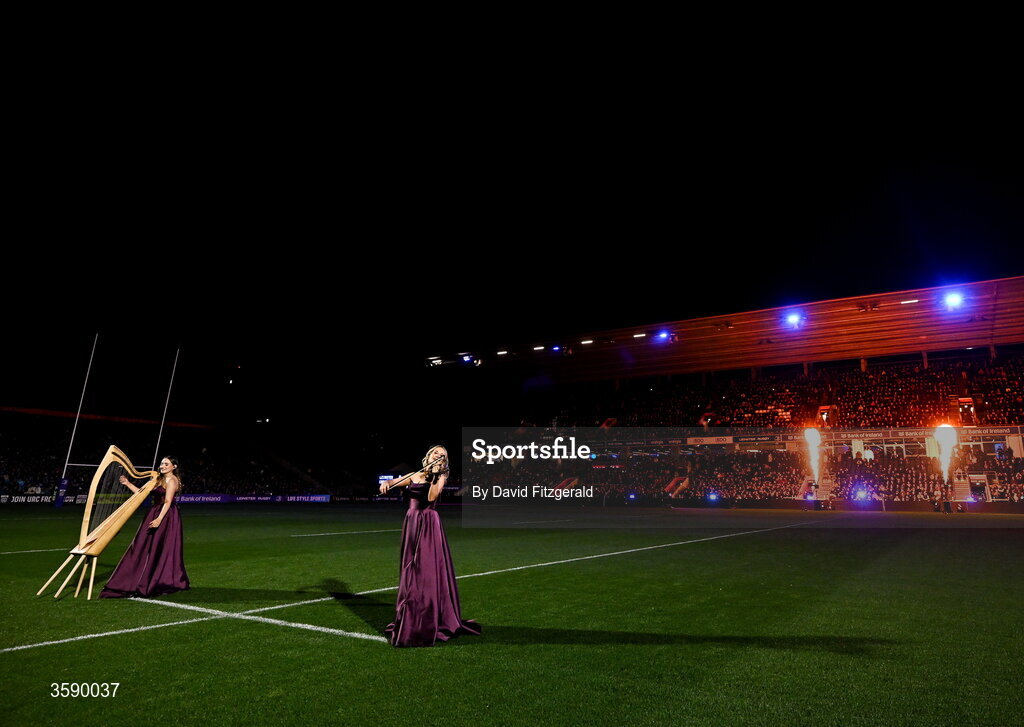 10 October 2026; Harpist Jennifer Leahy, left, with violinist Nicole Lonergan perform before the United Rugby Championship match between Leinster and Cardiff at the Laya Arena in Dublin. Photo by David Fitzgerald/Sportsfile