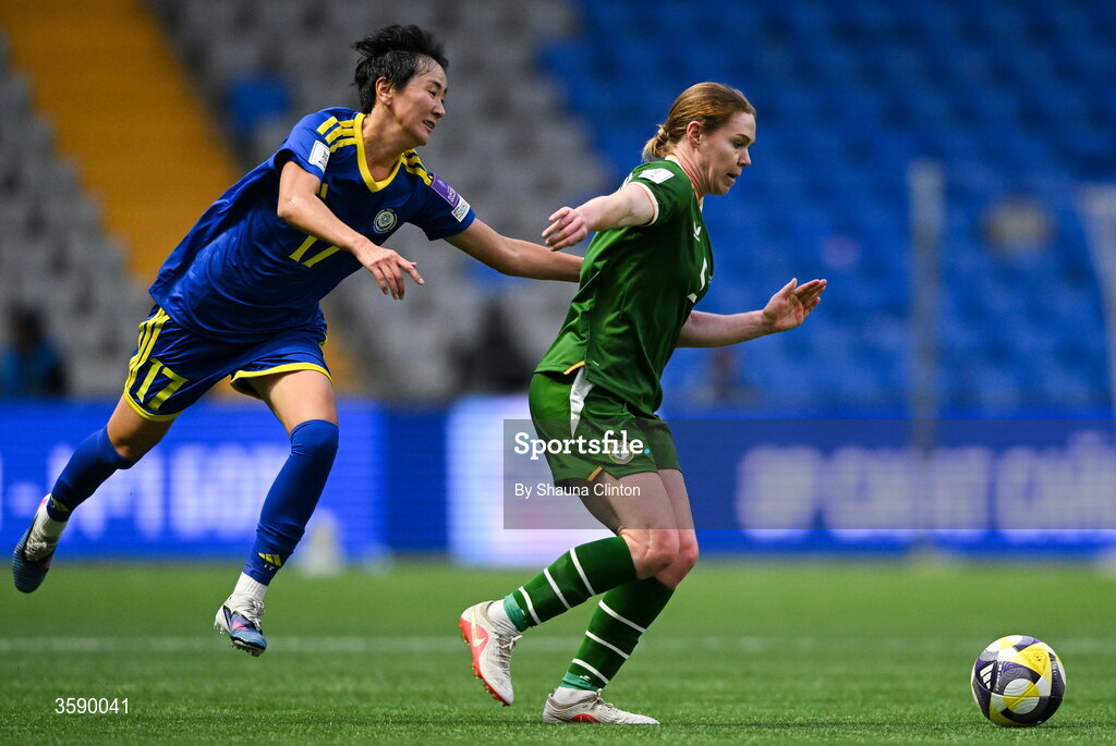 9 October 2026; Aoife Mannion of Republic of Ireland in action against Karina Zhumabaikyzy of Kazakhstan during the 2027 FIFA Women’s World Cup qualifying round 1 play-off first leg match between Kazakhstan and the Republic of Ireland at Astana Arena in Kazakhstan. Photo by Shauna Clinton/Sportsfile