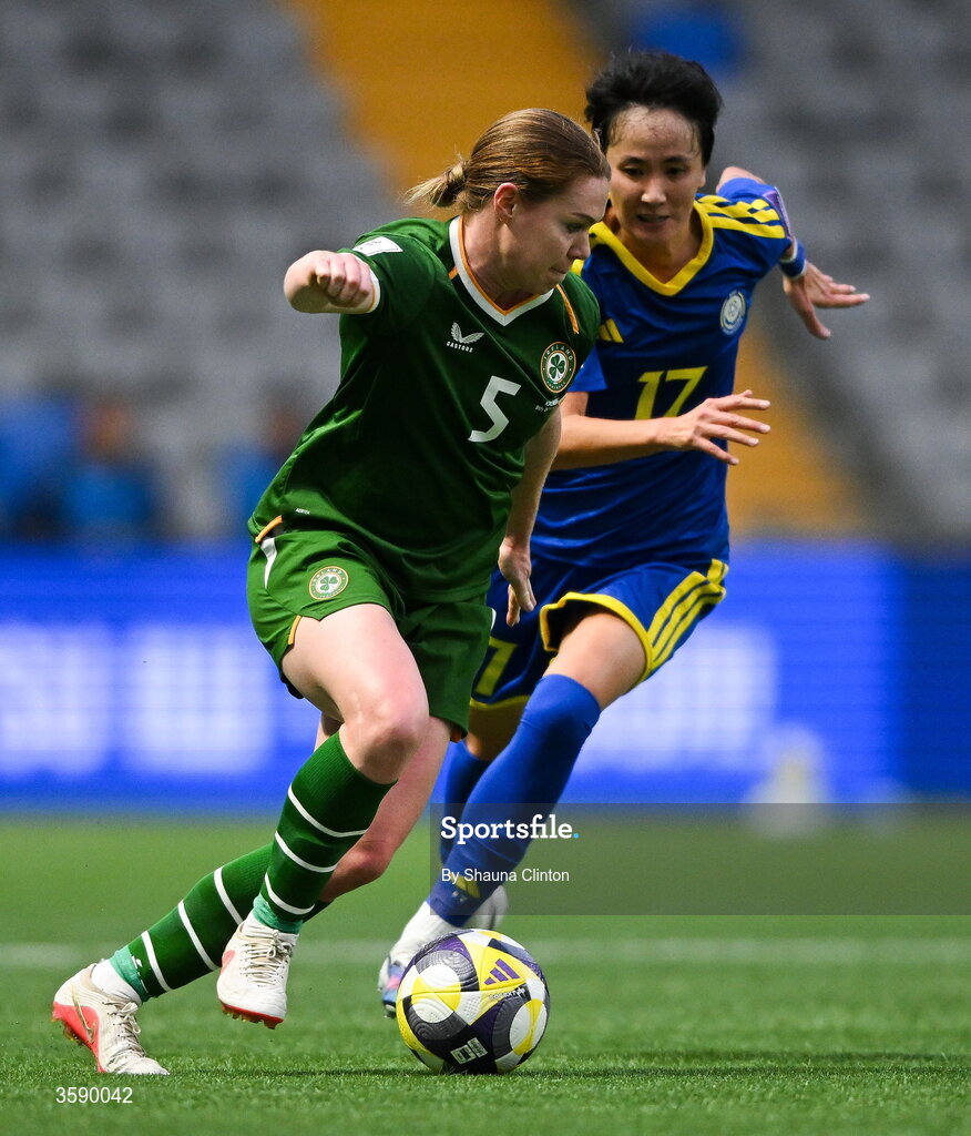 9 October 2026; Aoife Mannion of Republic of Ireland in action against Karina Zhumabaikyzy of Kazakhstan during the 2027 FIFA Women’s World Cup qualifying round 1 play-off first leg match between Kazakhstan and the Republic of Ireland at Astana Arena in Kazakhstan. Photo by Shauna Clinton/Sportsfile