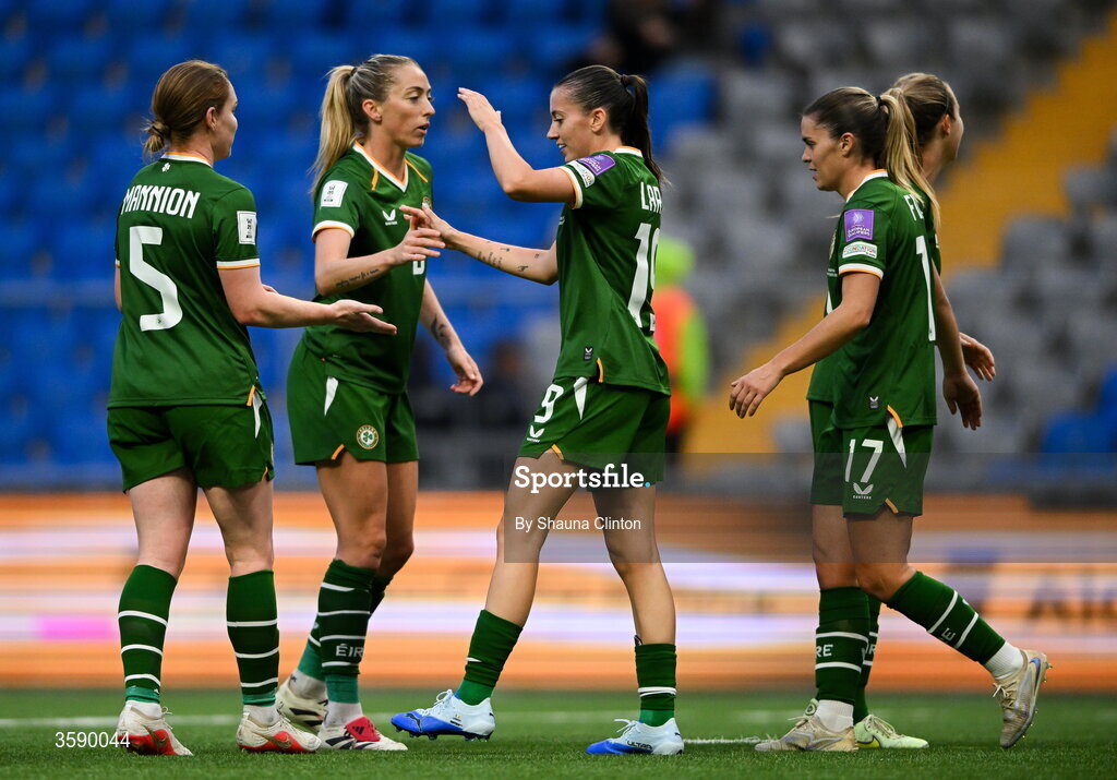 9 October 2026; Abbie Larkin of Republic of Ireland, centre, celebrates with team-mates, from left, Aoife Mannion, Megan Connolly and Jamie Finn during the 2027 FIFA Women’s World Cup qualifying round 1 play-off first leg match between Kazakhstan and the Republic of Ireland at Astana Arena in Kazakhstan. Photo by Shauna Clinton/Sportsfile
