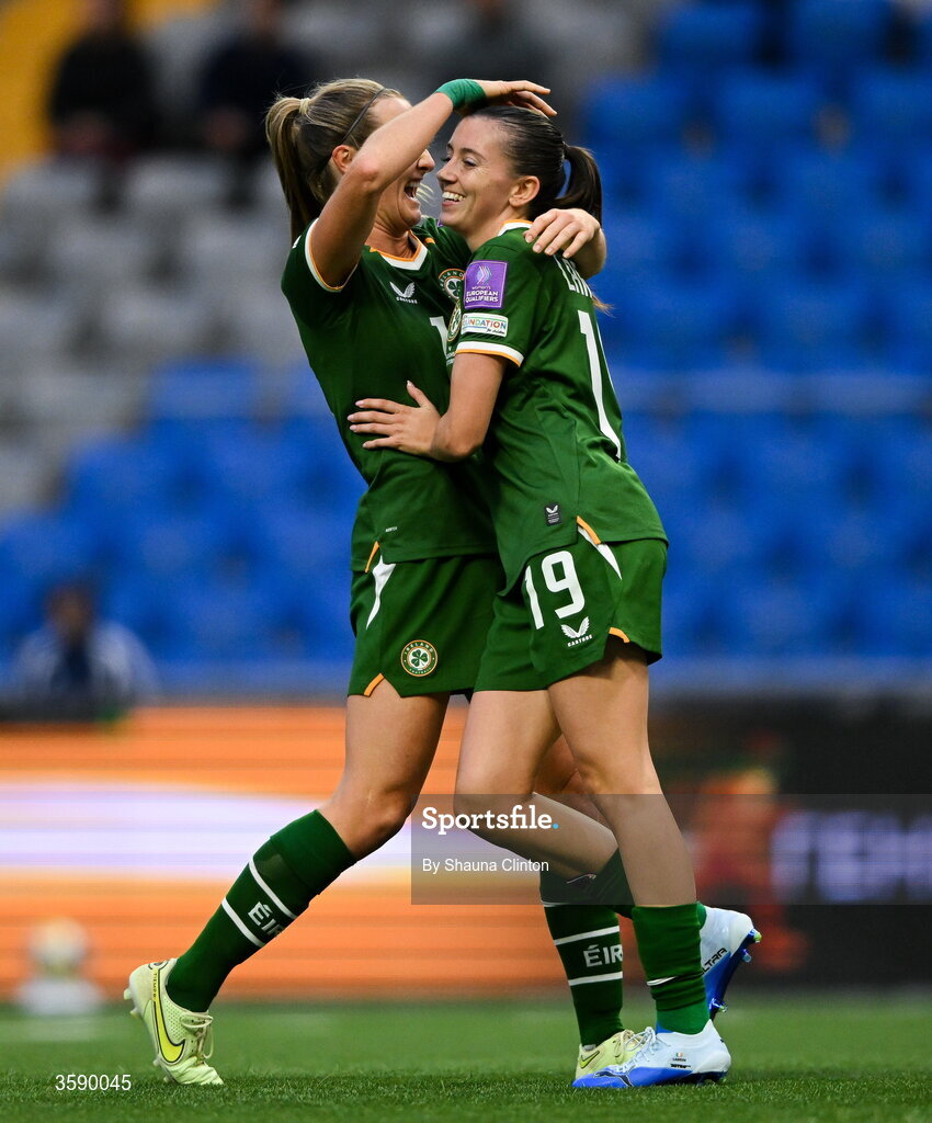 9 October 2026; Kyra Carusa, left, Abbie Larkin of Republic of Ireland during the 2027 FIFA Women’s World Cup qualifying round 1 play-off first leg match between Kazakhstan and the Republic of Ireland at Astana Arena in Kazakhstan. Photo by Shauna Clinton/Sportsfile