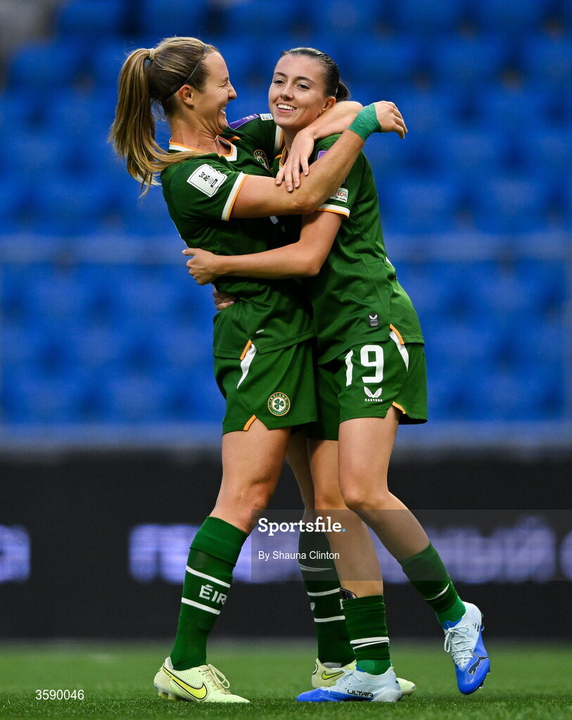9 October 2026; Kyra Carusa, left, Abbie Larkin of Republic of Ireland during the 2027 FIFA Women’s World Cup qualifying round 1 play-off first leg match between Kazakhstan and the Republic of Ireland at Astana Arena in Kazakhstan. Photo by Shauna Clinton/Sportsfile