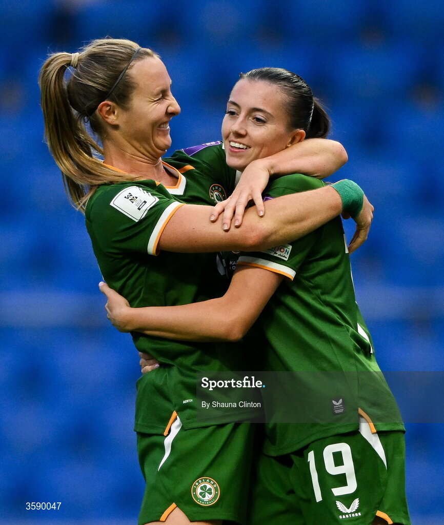 9 October 2026; Kyra Carusa, left, Abbie Larkin of Republic of Ireland during the 2027 FIFA Women’s World Cup qualifying round 1 play-off first leg match between Kazakhstan and the Republic of Ireland at Astana Arena in Kazakhstan. Photo by Shauna Clinton/Sportsfile