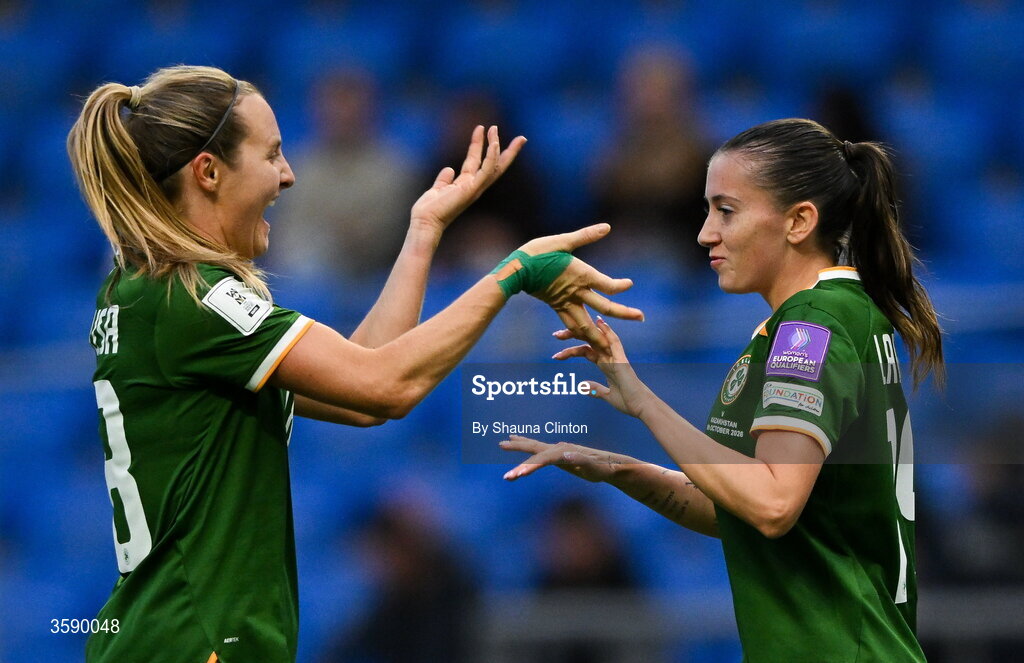9 October 2026; Kyra Carusa, left, Abbie Larkin of Republic of Ireland during the 2027 FIFA Women’s World Cup qualifying round 1 play-off first leg match between Kazakhstan and the Republic of Ireland at Astana Arena in Kazakhstan. Photo by Shauna Clinton/Sportsfile
