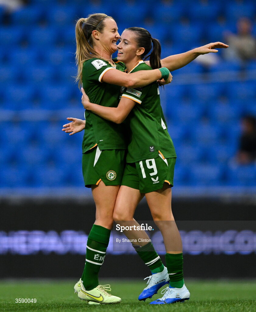 9 October 2026; Kyra Carusa, left, Abbie Larkin of Republic of Ireland during the 2027 FIFA Women’s World Cup qualifying round 1 play-off first leg match between Kazakhstan and the Republic of Ireland at Astana Arena in Kazakhstan. Photo by Shauna Clinton/Sportsfile