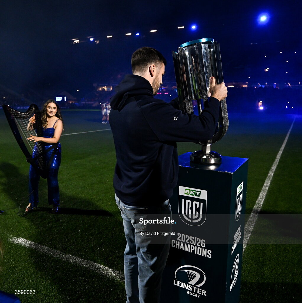 10 October 2026; Caelan Doris of Leinster brings out the URC trophy before the United Rugby Championship match between Leinster and Cardiff at the Laya Arena in Dublin. Photo by David Fitzgerald/Sportsfile