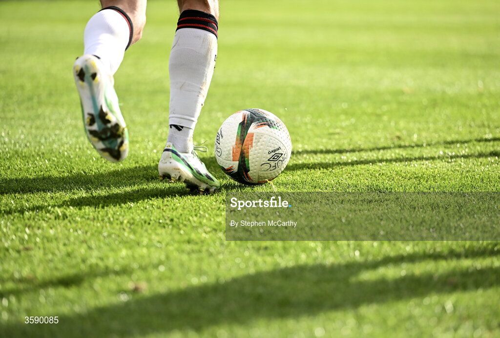 10 October 2026; A detailed view of a Derry City player and the matchball during the Club Orange Men's FAI Cup semi-final match between Galway and Derry City at Eamonn Deacy Park in Galway. Photo by Stephen McCarthy/Sportsfile