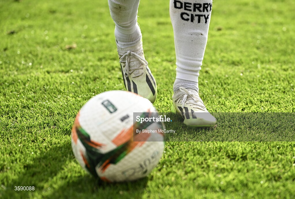 10 October 2026; A detailed view of a Derry City player and the matchball during the Club Orange Men's FAI Cup semi-final match between Galway and Derry City at Eamonn Deacy Park in Galway. Photo by Stephen McCarthy/Sportsfile