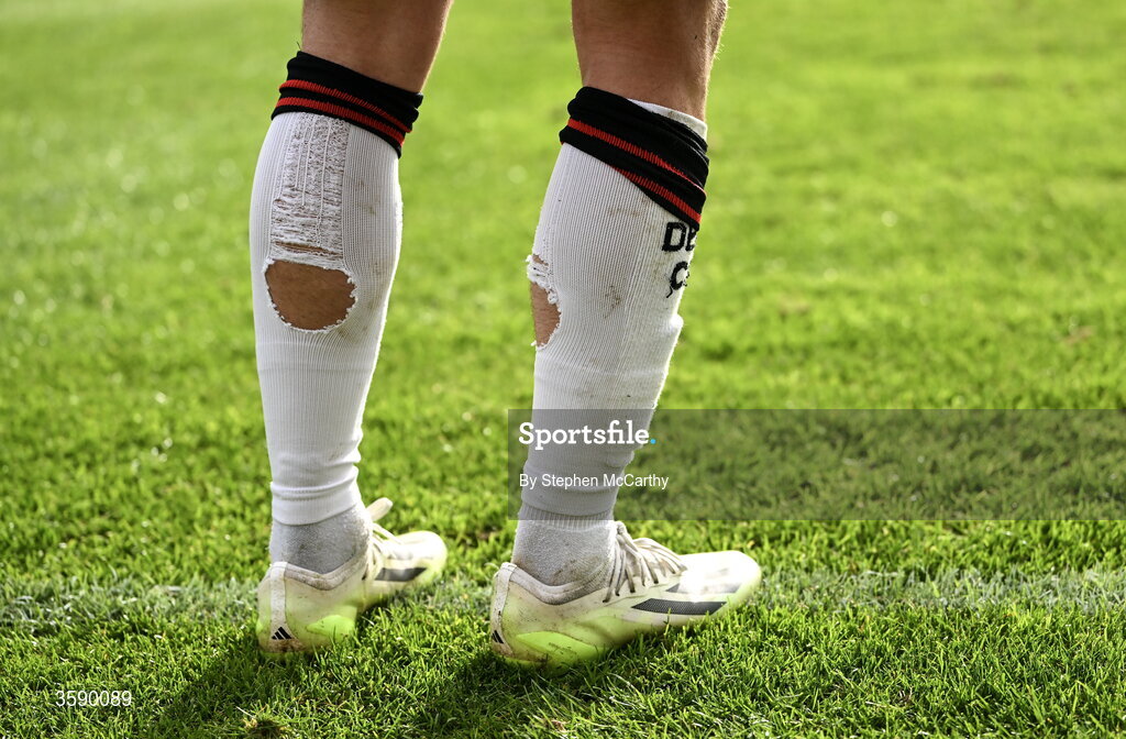10 October 2026; A detailed view of a Derry City players socks and boots during the Club Orange Men's FAI Cup semi-final match between Galway and Derry City at Eamonn Deacy Park in Galway. Photo by Stephen McCarthy/Sportsfile