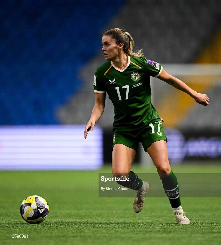 9 October 2026; Jamie Finn of Republic of Ireland during the 2027 FIFA Women’s World Cup qualifying round 1 play-off first leg match between Kazakhstan and the Republic of Ireland at Astana Arena in Kazakhstan. Photo by Shauna Clinton/Sportsfile
