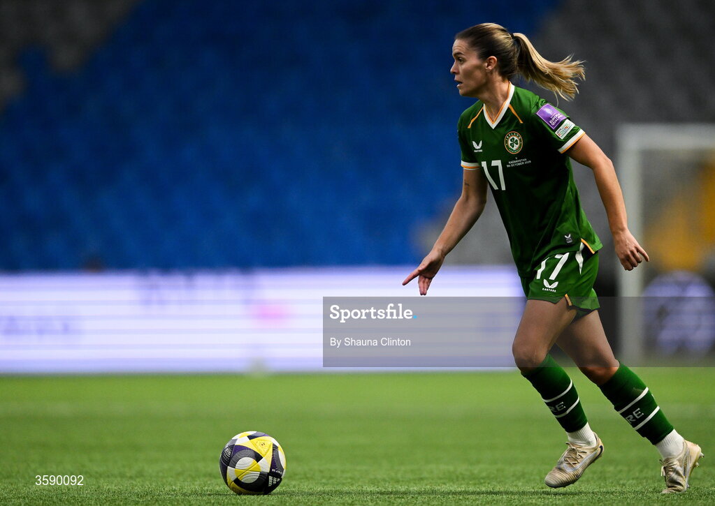 9 October 2026; Jamie Finn of Republic of Ireland during the 2027 FIFA Women’s World Cup qualifying round 1 play-off first leg match between Kazakhstan and the Republic of Ireland at Astana Arena in Kazakhstan. Photo by Shauna Clinton/Sportsfile