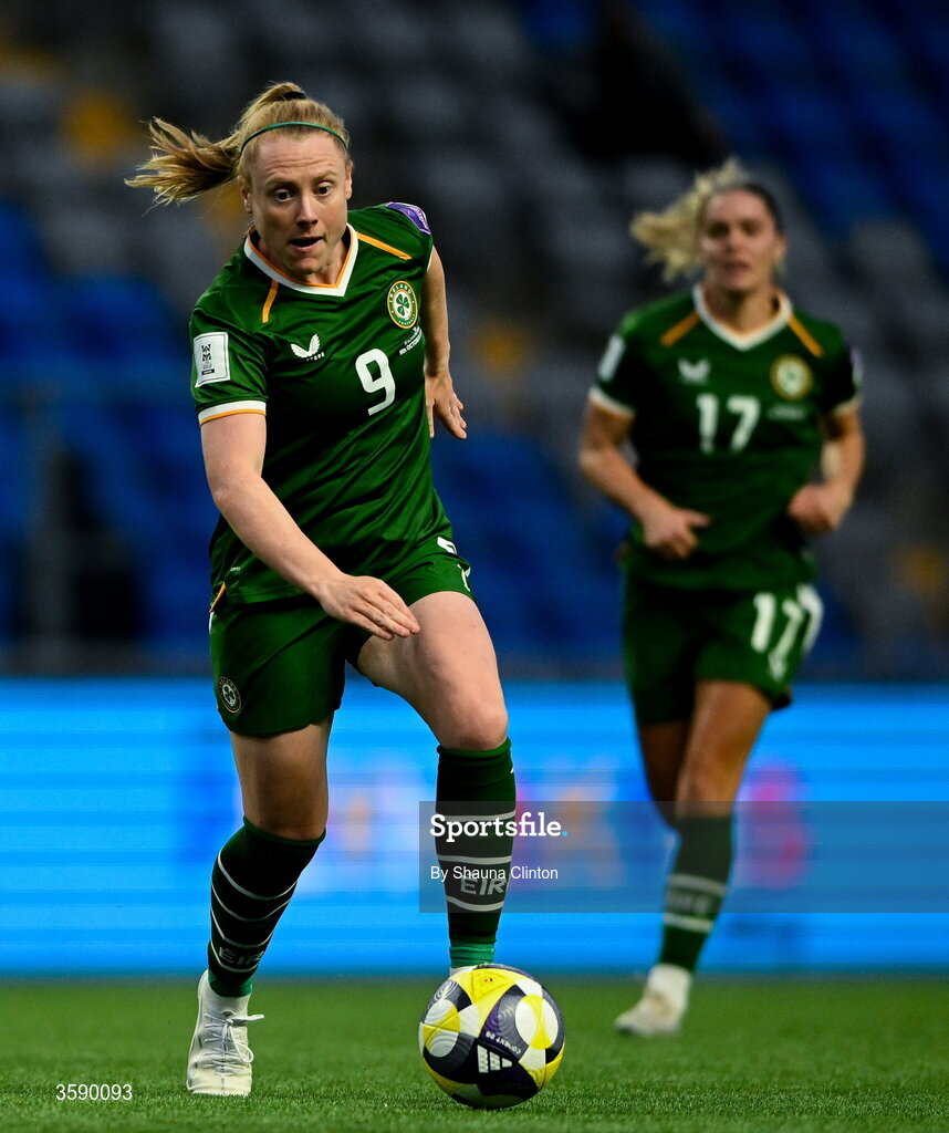 9 October 2026; Amber Barrett of Republic of Ireland during the 2027 FIFA Women’s World Cup qualifying round 1 play-off first leg match between Kazakhstan and the Republic of Ireland at Astana Arena in Kazakhstan. Photo by Shauna Clinton/Sportsfile