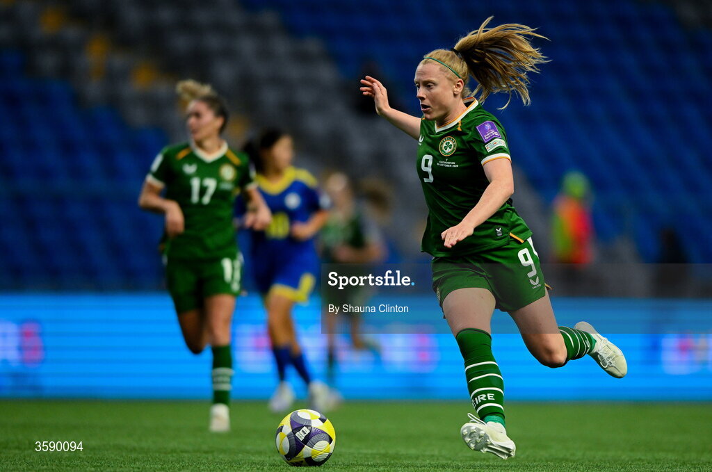 9 October 2026; Amber Barrett of Republic of Ireland during the 2027 FIFA Women’s World Cup qualifying round 1 play-off first leg match between Kazakhstan and the Republic of Ireland at Astana Arena in Kazakhstan. Photo by Shauna Clinton/Sportsfile